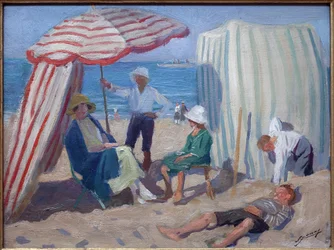 Sur la plage. Peinture de Lucien Jonas (1880-1947), huile sur bois 1920, art français, 20ème siècle. Musée La Piscine, Roubaix