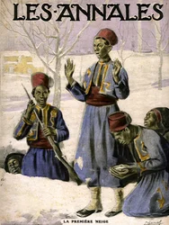 La première neige : un groupe de tirailleurs sénégalais découvre la neige (gravure)