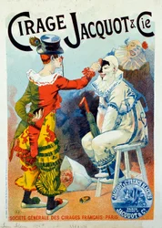 Publicité pour le cirage Jacquot. Deux clowns se maquillant avec du cirage. Dessin de Lucien Lefevre (1850-?). 1894 Paris. Arts Décoratifs