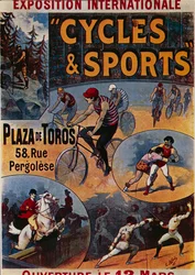 Exposition Internationale Cycles et Sports, publicité pour une exposition internationale consacrée aux sports, illustration de Lucien Lefèvre, affiche