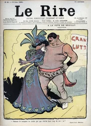 À la fête de Neuilly : soin - une femme élégamment vêtue parle avec un lutteur dessiné par Lucien Marie François Métivet (1863-1930) - le rire du 8 juin