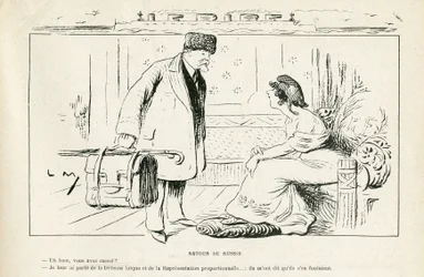 Illustration dans Le Rire, 24/08/12 - Retour de Russie - Anticléricalisme, Russie, Président de la République, Chapeaux, Visite officielle - Marianne, Poincaré Raymond (gravure)