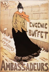 Affiche vintage de la chanteuse française Eugénie Buffet marchant dans la neige