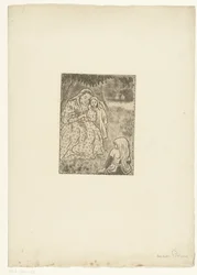 Femme avec deux filles dans un pré