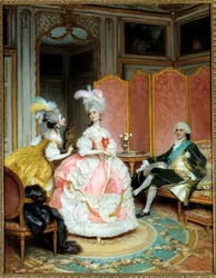 Prostitution : « La jolie courtisane ». Une jeune femme présentée à un gentilhomme dans un salon privé au XVIIIe siècle par une entremetteuse.