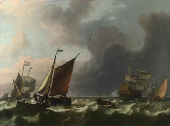 Navires de guerre néerlandais et petits bateaux par vent frais au large d