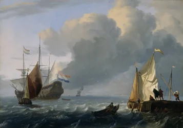 Frégate hollandaise et autres navires au large de la côte, vers 1690 (huile sur panneau de chêne)
