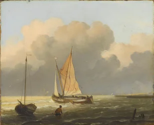 Mers au large de la côte, avec une barge à voile