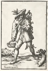 Paysanne avec une houe, un panier et une poule
