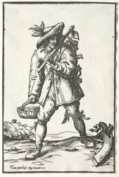 Paysan avec houe, panier et poule