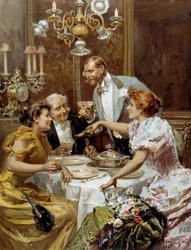 Belle époque : « le bon souper » Deux couples dans un salon privé boivent du champagne. Illustration de Ludovico Marchetti (1853-1909) 1893 Collection privée