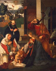 Nativité avec Saint Bernard et Saint Alberico, vers 1505-1510, par Ludovico Mazzolino (ca 1480-ca 1530)