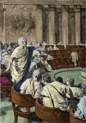 Cicéron dénonce le conspirateur Catilina (Lucius Sergius Catilina) (108-62 av. J.-C.) le 7 novembre 63 av. J.-C., lors du discours du premier catilinaire. La scène se déroule à Rome au Sénat, illustration de Pogliaghi