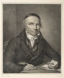 Johann Joachim Bellermann, portrait en buste à table, tenant une chevalière à la main