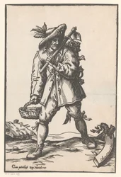 Paysanne avec une houe, un panier et une poule