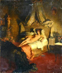 Nu sur un lit rouge