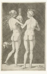 Deux femmes nues avec un crâne et un sablier
