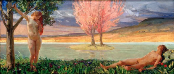 Adam et Ève dans un paysage paradisiaque
