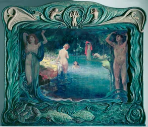 Plage avec jeunes filles (huile sur toile)