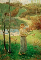 Jeune femme cueillant des fleurs
