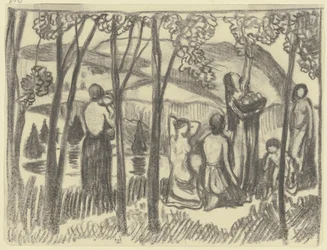 Femmes agenouillées et cueilleuse de fruits