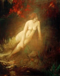 Nu féminin sur une rive rocheuse couverte de fleurs