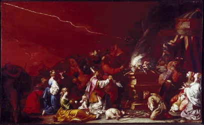 Scène de sacrifice. Des personnages bibliques se regroupent autour d