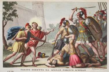 Pâris tue Achille ou Pâris, guidé par Apollon, blesse Achille, livre XIII, illustration des Métamorphoses d