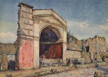 Pompéi : Sépulcre avec exèdre, Tombe du Vase de Verre et Tombe des Guirlandes (litho couleur)
