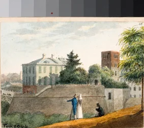 Vue des bastions et du clocher de Santo Stefano, Gênes (aquarelle, ca 1825)