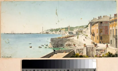 Vue du port de Gênes avec la Lanterna, phare de la ville, bastions et l