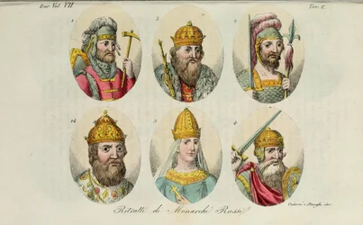 1. Rurik 2. Igor de Kiev 3. Olga 4. Sviatoslav 5. Vladimir le Grand 14. Ivan IV de Il costume antico par Giulio Ferrario, 1831