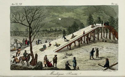 Une montagne russe. Illustration de Il costume antico e moderno o storia del governo par Giulio Ferrario, 1831