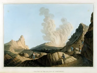 Cratère du Stromboli - dans « Vues dans les dominions ottomans, en Europe, en Asie, et quelques îles de la Méditerranée » par Luigi Mayer, Londres