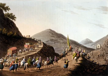 Exode sur les routes des montagnes des Balkans - dans « Vues dans les dominions ottomans, en Europe, en Asie, et quelques îles de la Méditerranée » d