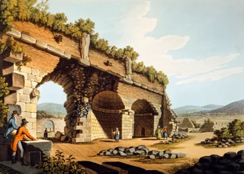 Turquie, Éphèse, Visiteurs européens au Temple de Diane, par Luigi Mayer, gravure