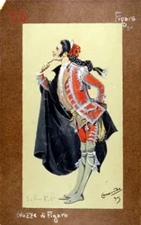 Représentation du personnage de Figaro, "Les Noces de Figaro" (Nozze di Figaro) de Wolfgang Amadeus Mozart de 1786. Costume de Luigi Sapelli Caramba (1865-1936)