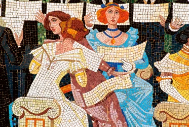 Architecture art nouveau : Palais de la musique catalane, Barcelone. Mosaique decorant la facade : femme chantant dans la choral catalane (Orfeo Catala), (détail)