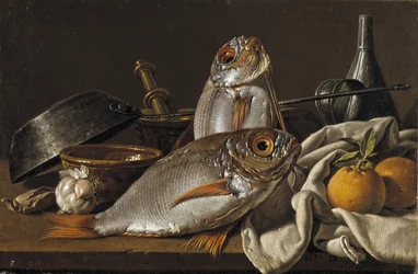 Nature morte avec dorade, oranges, ail et ustensiles de cuisine
