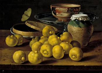 Nature morte avec citrons verts, pot de confiture et papillon