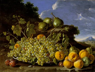 Nature morte avec une assiette de raisins, pêches, poires et prunes dans un paysage, vers 1771