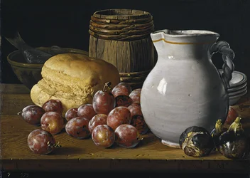 Nature morte avec prunes, figues, pain et cruche