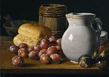 Nature morte avec prunes, figues, pain et cruche
