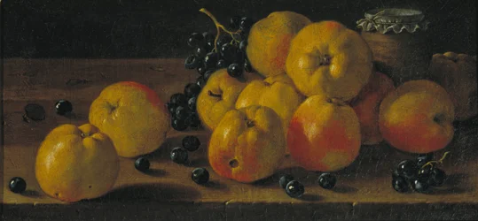 Nature morte avec des pommes, des raisins et un pot de confiture