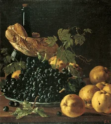 Nature morte avec du pain, des pommes, des raisins et une bouteille