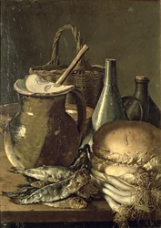 Nature morte au poisson, poireaux et pain