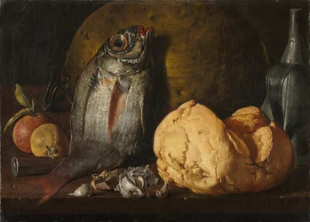 Nature morte avec poisson, pain et bouilloire