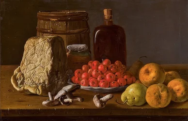 Nature morte avec une assiette de pommes azarol, fruits, champignons et fromage