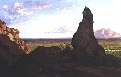 Paysage avec un rocher proéminent