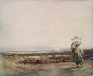 Un garçon portant un panier sur la tête, dans un paysage de lande
